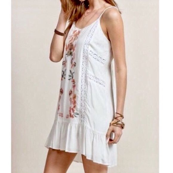 White Crochet Embroidered Front Lace Up Back Sun Dress - Picture 1 of 12